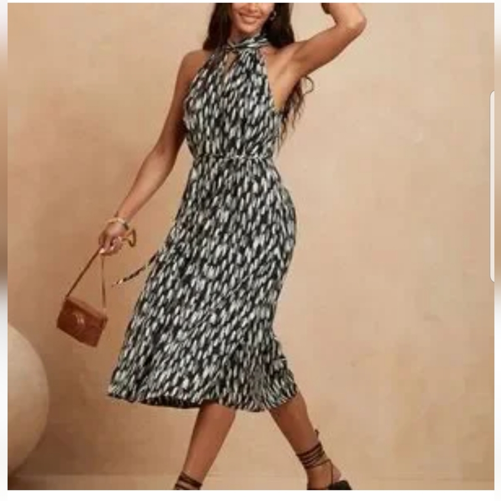 Banana Republic Black and White Printed Halter Midi Dress